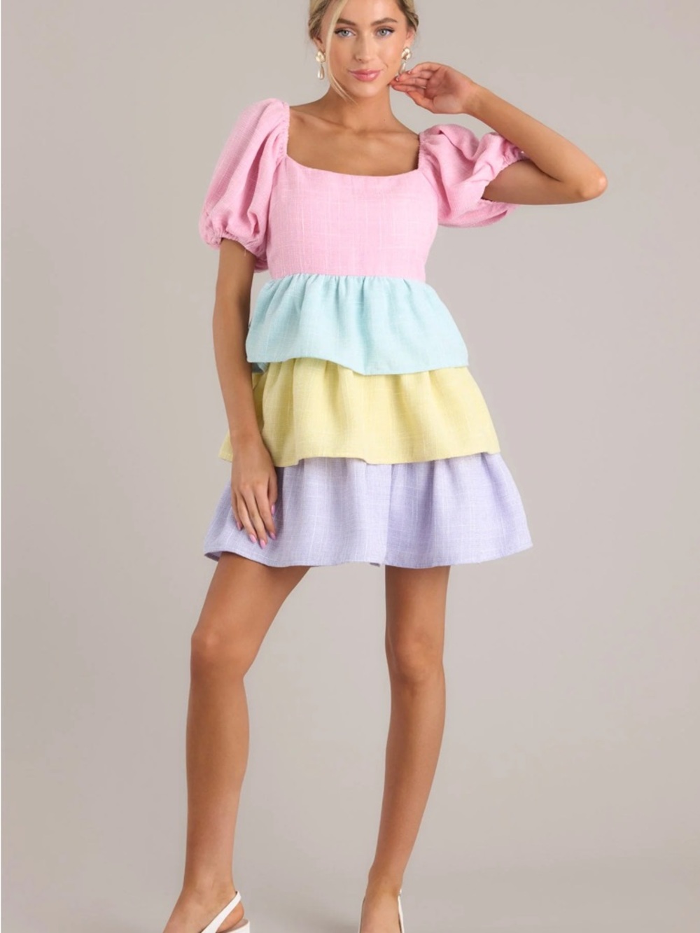 Peach love Pastel Tiered Puff Sleeve Mini Dress - Pink, Mint, Yellow, Lavender